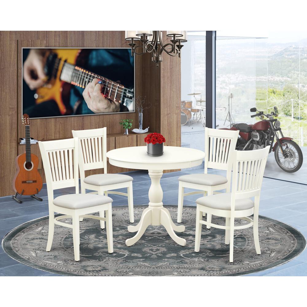 East West Furniture 5-Piece Dinette Room Set- 4 dining room chairs and Wooden Dining Table - Linen Fabric Seat and Slatted Chair Back (Linen White Finish). Picture 2