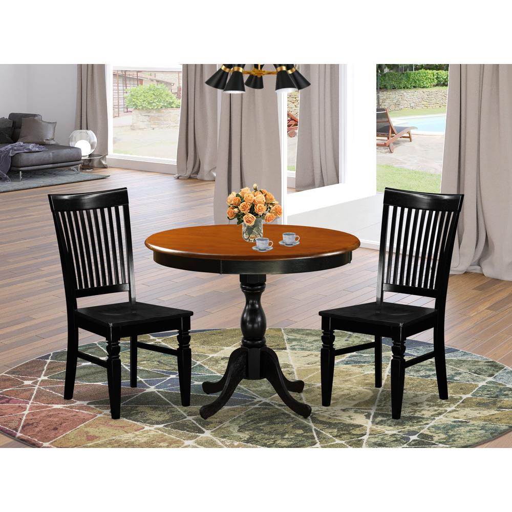 East West Furniture 3-Piece Dining Set Consist of Dinning Table and 2 Dining Chairs with Slatted Back - Black Finish. Picture 2