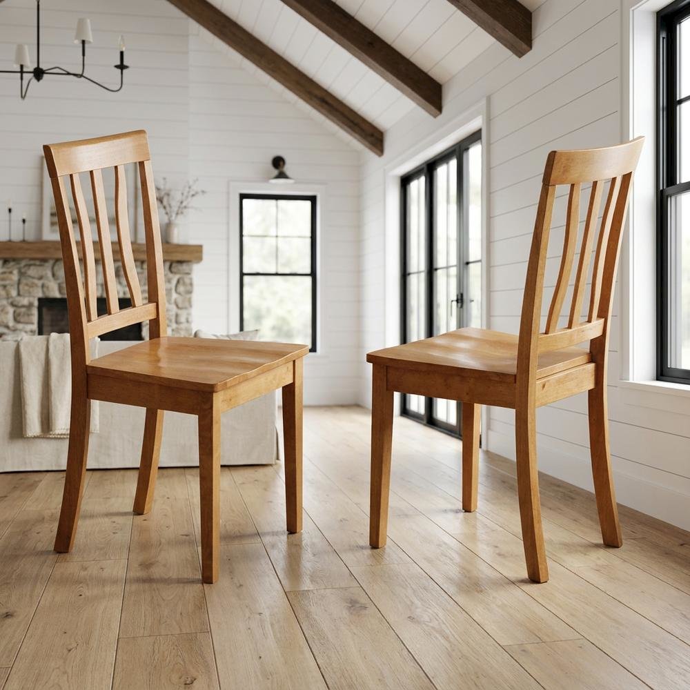 Solid Wood Antique Kitchen Dining Chairs with Slat Back, Oak, Set of 2. Picture 3