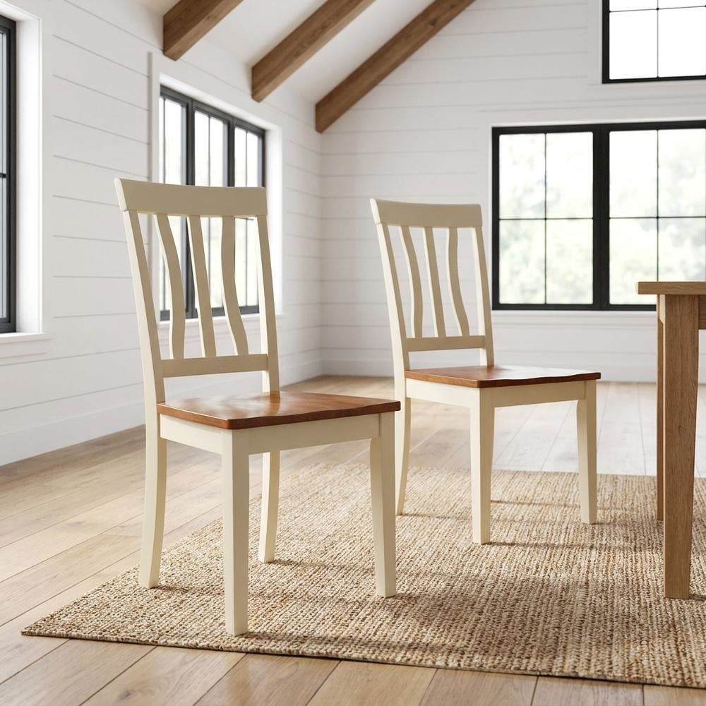 Solid Wood Antique Kitchen Dining Chairs, Buttermilk and Cherry, Set of 2. Picture 3