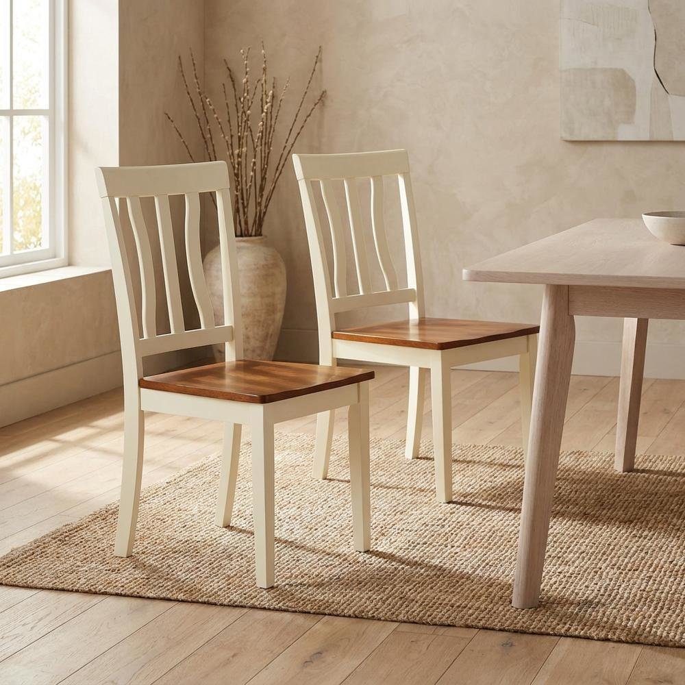Solid Wood Antique Kitchen Dining Chairs, Buttermilk and Cherry, Set of 2. Picture 4