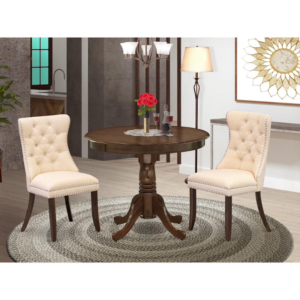 East West Furniture ANDA3-AWA-32 3 Piece Modern Dining Set Consists of a Round Kitchen Table with Pedestal and 2 Padded Chairs, 36x36 Inch, Antique Walnut. Picture 2