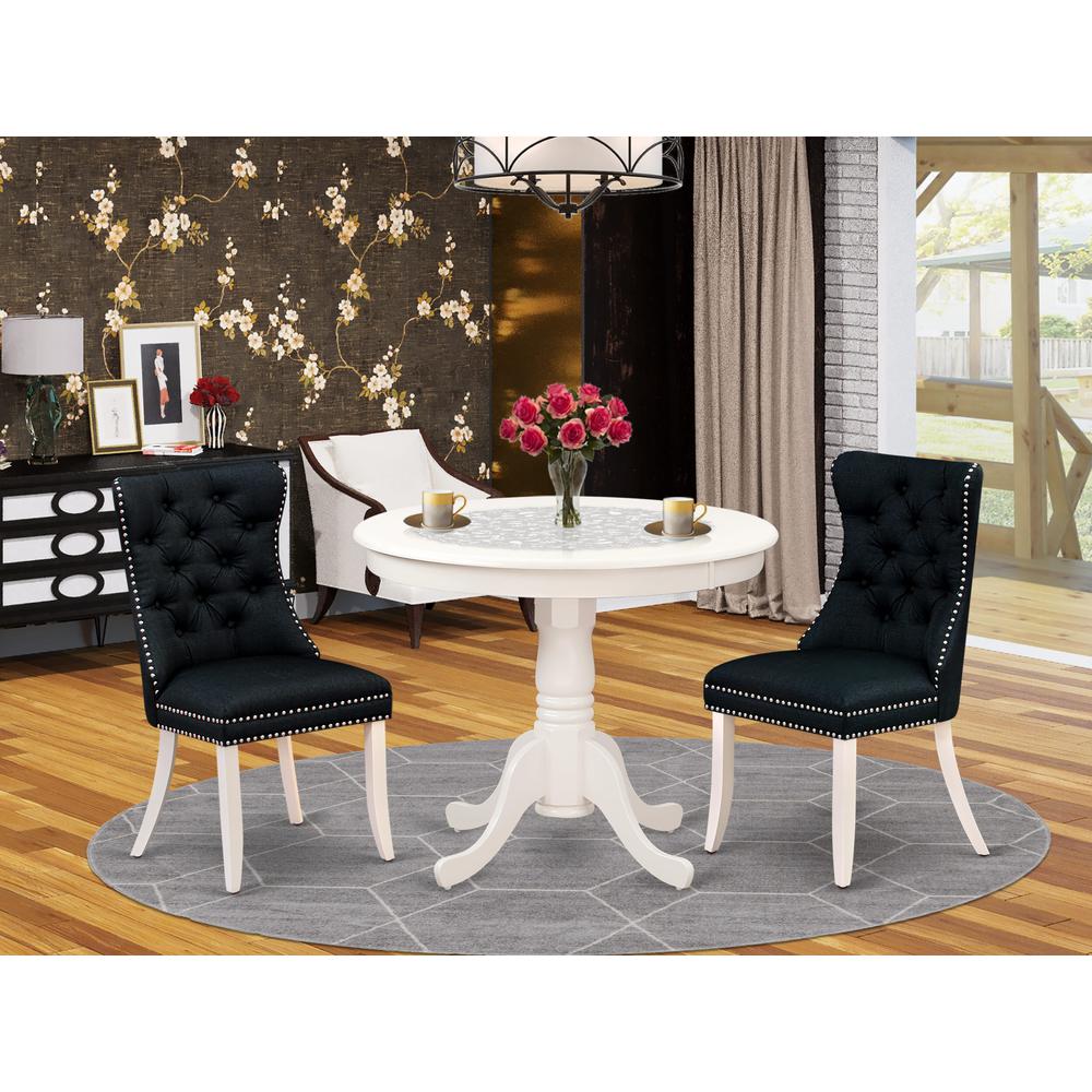 East West Furniture ANDA3-LWH-24 3 Piece Dining Set Includes a Round Kitchen Table with Pedestal and 2 Upholstered Chairs, Linen White. Picture 2