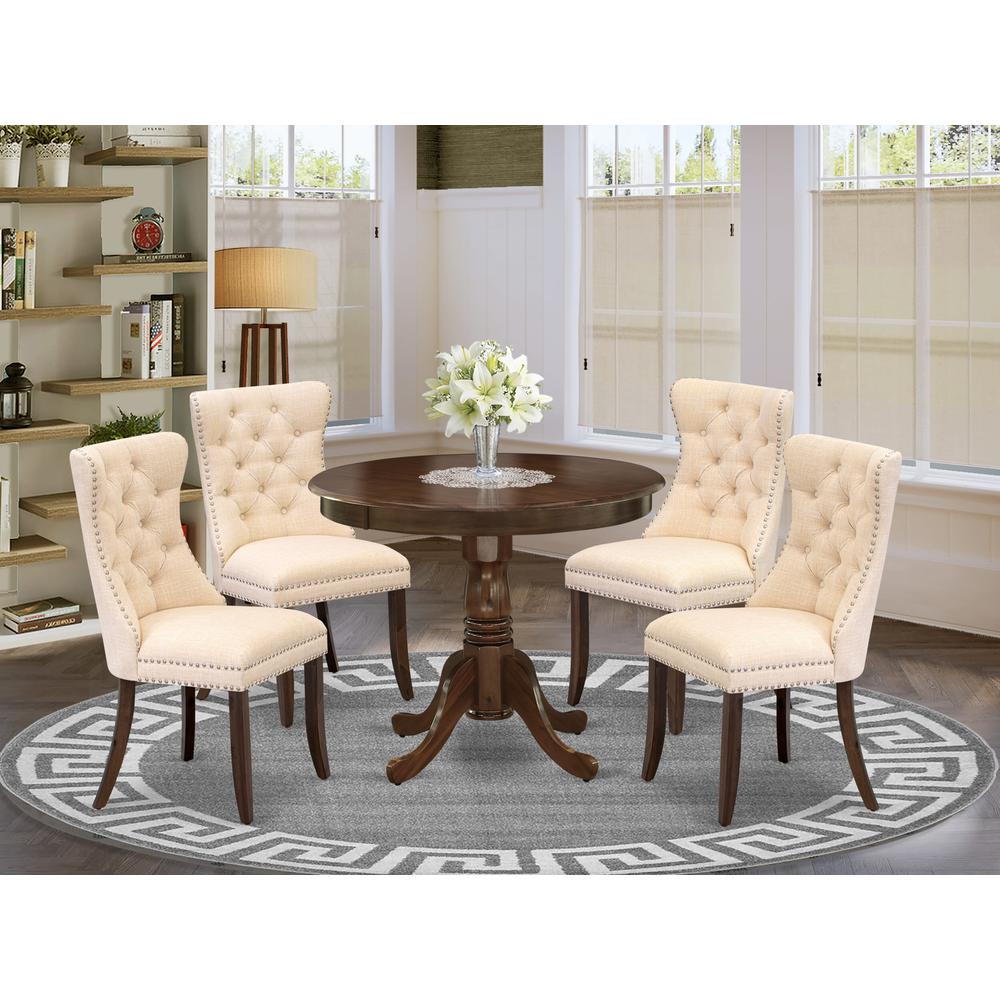 East West Furniture ANDA5-AWA-32 5 Piece Dining Room Set Includes a Round Kitchen Table with Pedestal and 4 Padded Chairs, Antique Walnut. Picture 2