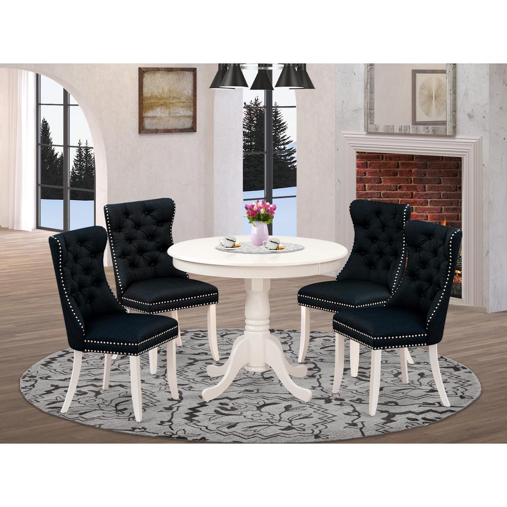 East West Furniture ANDA5-LWH-24 5 Piece Dining Room Set Consists of a Round Wooden Table with Pedestal and 4 Upholstered Chairs, Linen White. Picture 2