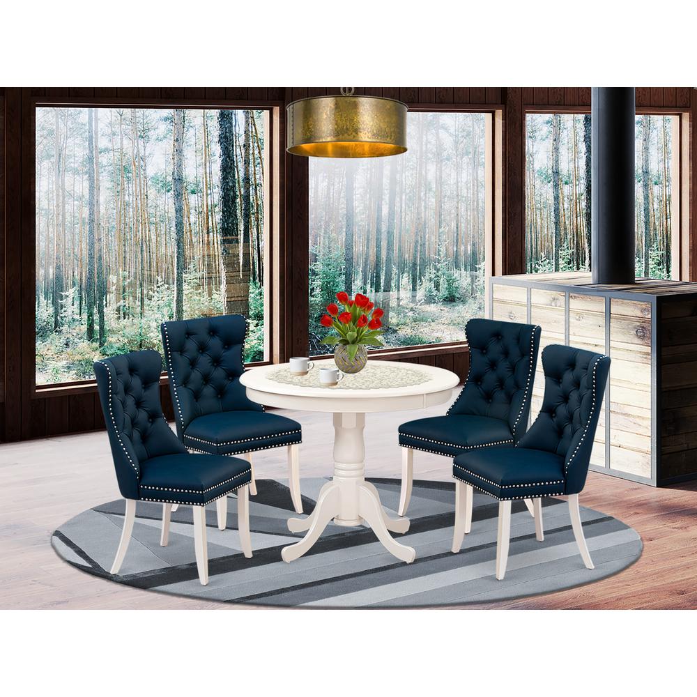 East West Furniture ANDA5-LWH-29 5 Piece Dining Room Set Consists of a Round Kitchen Table with Pedestal and 4 Upholstered Chairs, Linen White. Picture 2