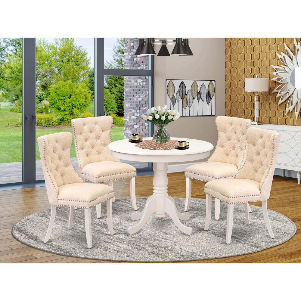 East West Furniture ANDA5-LWH-32 5 Piece Modern Dining Table Set Includes a Round Kitchen Table with Pedestal and 4 Parson Chairs, Linen White. Picture 2