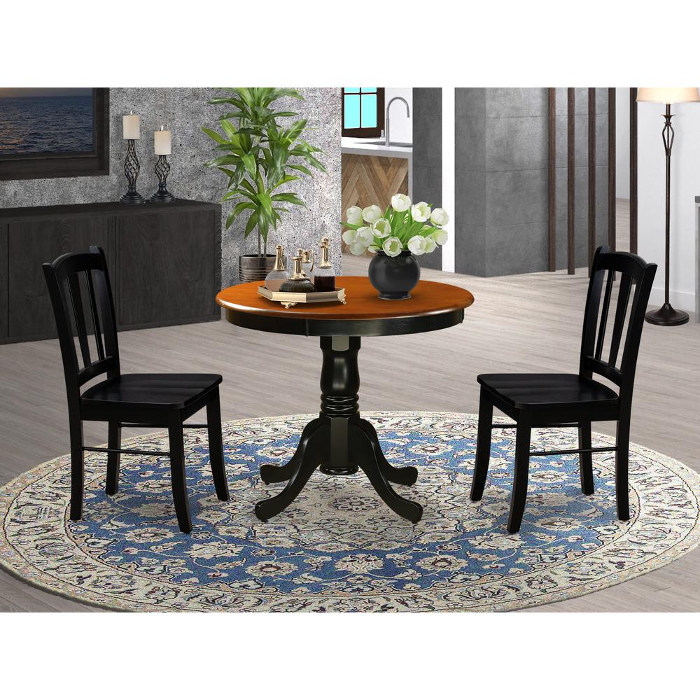 ANDL3-BLK-W - 3-Piece Dining Room Set- 2 Dining Chair and Modern Round Dining Table - Wooden Seat and Slatted Chair Back (Black Finish). Picture 6