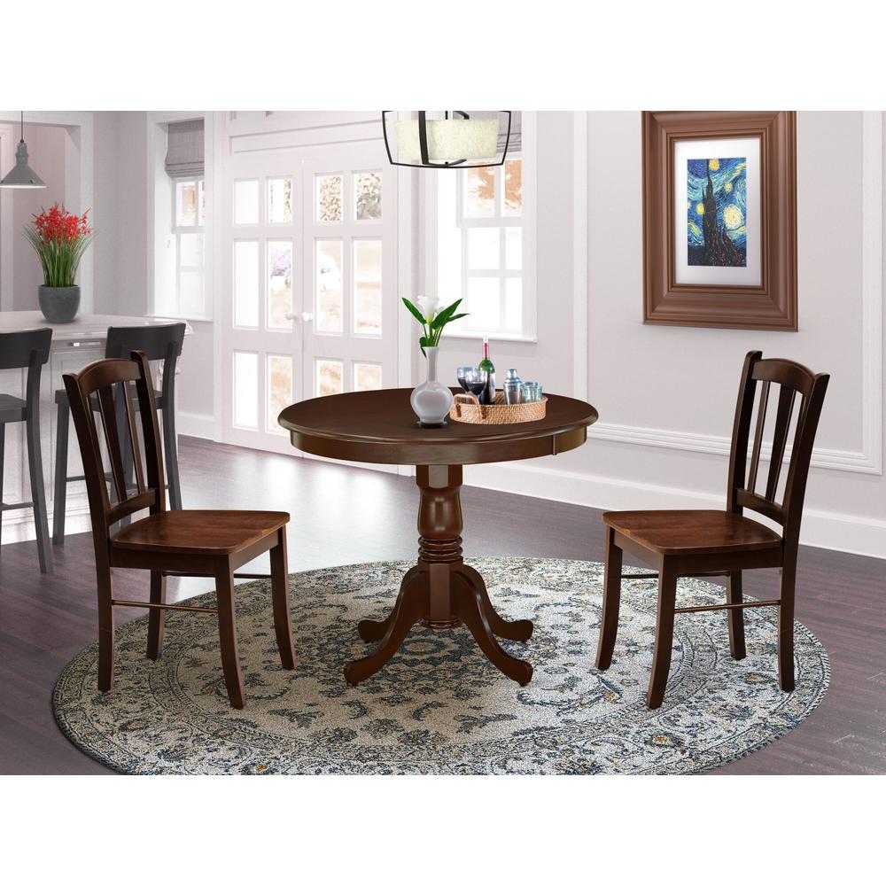 East West Furniture 3-Piece Dinette Room Set- 2 Dining Room Chair and Dining Room Table - Wooden Seat and Slatted Chair Back - Mahogany Finish. Picture 2