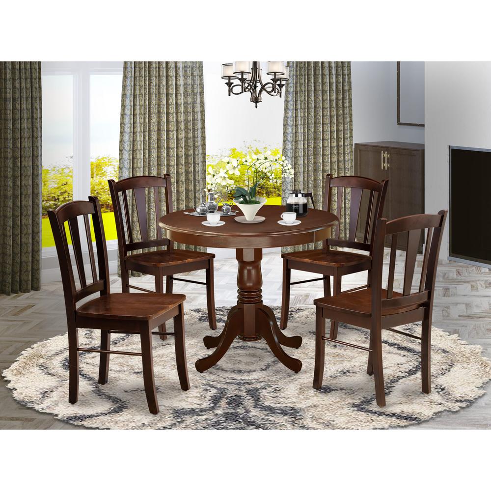 East West Furniture 5-Piece Dining Room Table Set- 4 Wooden Chairs and Kitchen Table - Wooden Seat and Slatted Chair Back - Mahogany Finish. Picture 2