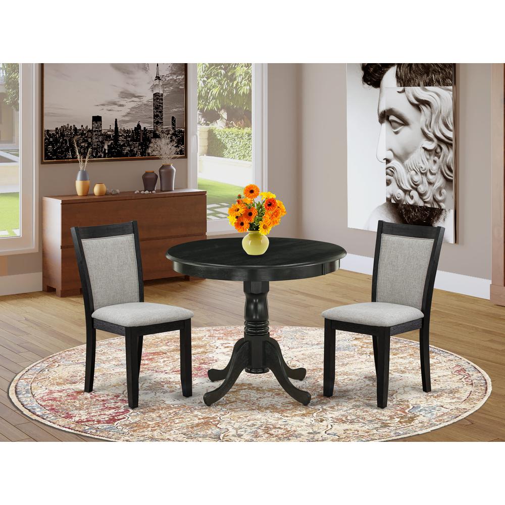 East West Furniture 3-Pc Dining Room Table Set Contains a Wooden Dining Table and 2 Shitake Linen Fabric Modern Dining Room Chairs - Wire Brushed Black Finish. Picture 2