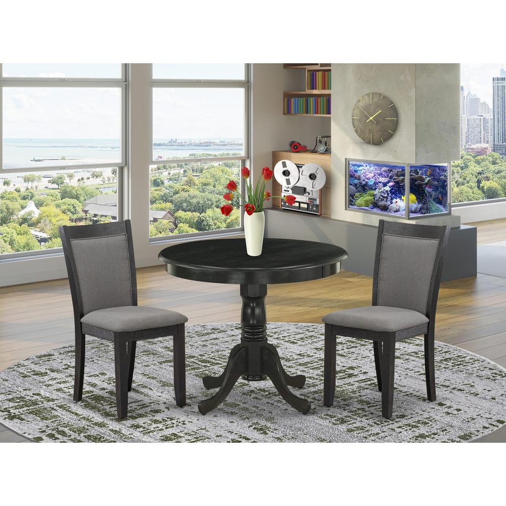 East West Furniture 3-Piece Dinette Room Set Consists of a Wooden Dining Table and 2 Dark Gotham Grey Linen Fabric Upholstered Dining Chairs - Wire Brushed Black Finish. Picture 2