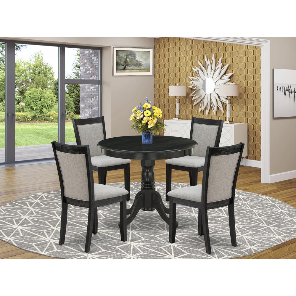 East West Furniture 5-Pc Dining Table Set Includes a Modern Dining Room Table and 4 Shitake Linen Fabric Dining Room Chairs - Wire Brushed Black Finish. Picture 2