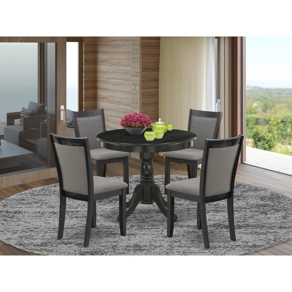 East West Furniture 5-Piece Modern Dining Table Set Contains a Modern Dining Room Table and 4 Dark Gotham Grey Linen Fabric Dining Room Chairs - Wire Brushed Black Finish. Picture 2