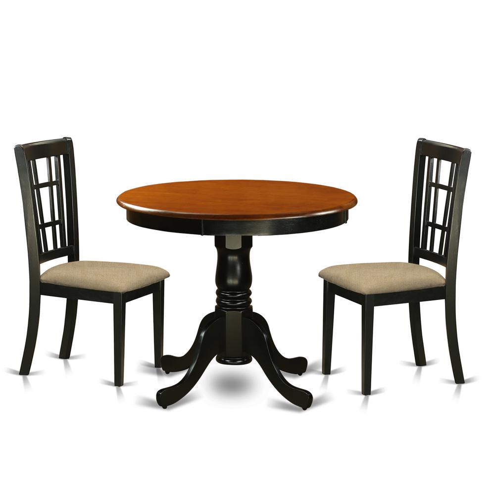 ANNI3-BLK-C 3 PC Dining Table with 2 Linen Chairs in Black and Cherry. Picture 1