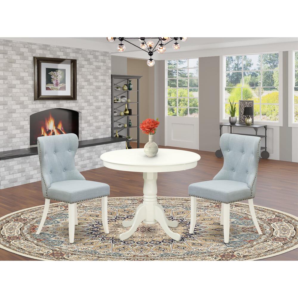 ANSI3-LWH-15 - A dining set of 2 fantastic indoor dining chairs with Linen Fabric Baby Blue color and a gorgeous 36-Inch Antique modern dining table with Linen White color. Picture 6