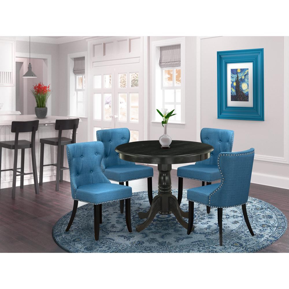 East West Furniture 5-Piece Kitchen Table Set-A Modern Dining Table and 4 Linen Fabric Dinning Chairs with High Back - Wire Brushed Black Finish. Picture 2