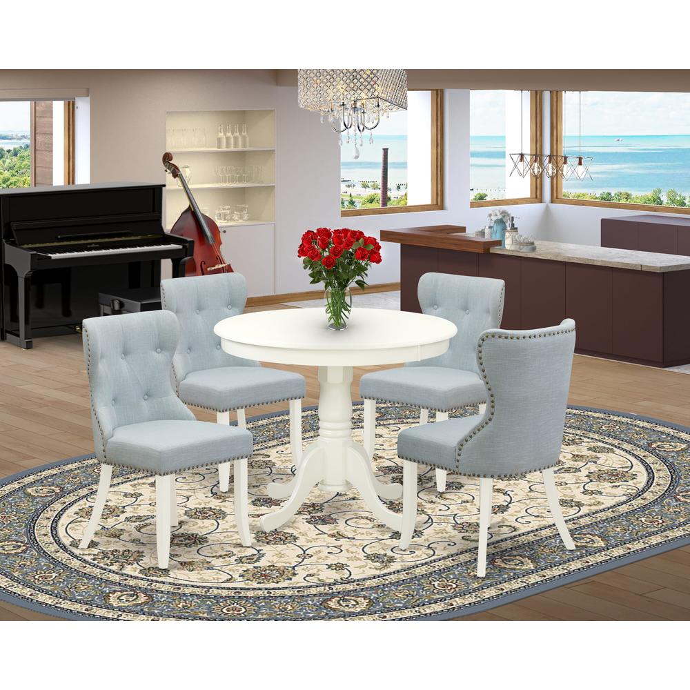ANSI5-LWH-15 - A dining room table set of 4 wonderful indoor dining chairs with Linen Fabric Baby Blue color and a stunning 36-Inch Round dining table with Linen White color. Picture 6