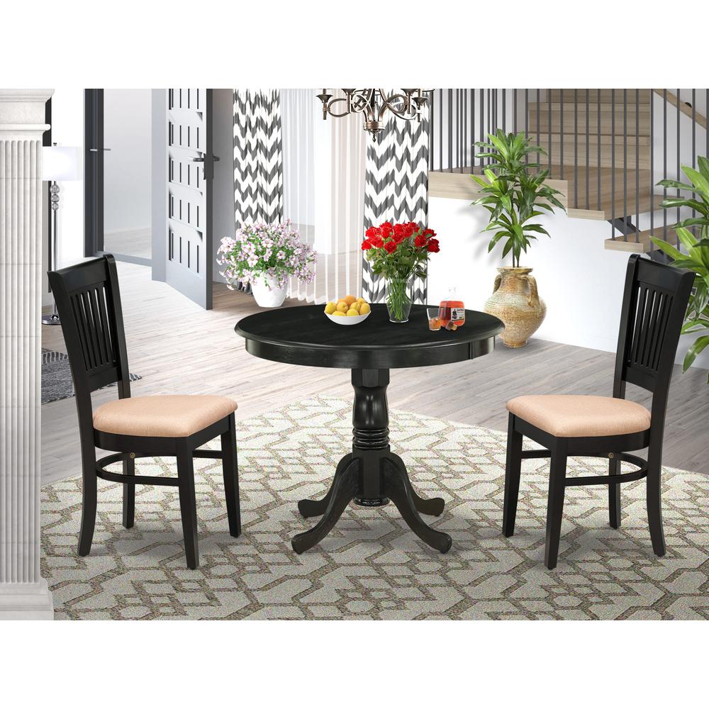 East West Furniture 3-Pc Kitchen Dining Set- 2 Wood Chair and Kitchen Dining Table - Linen Fabric Seat and Slatted Chair Back (Black Finish). Picture 2