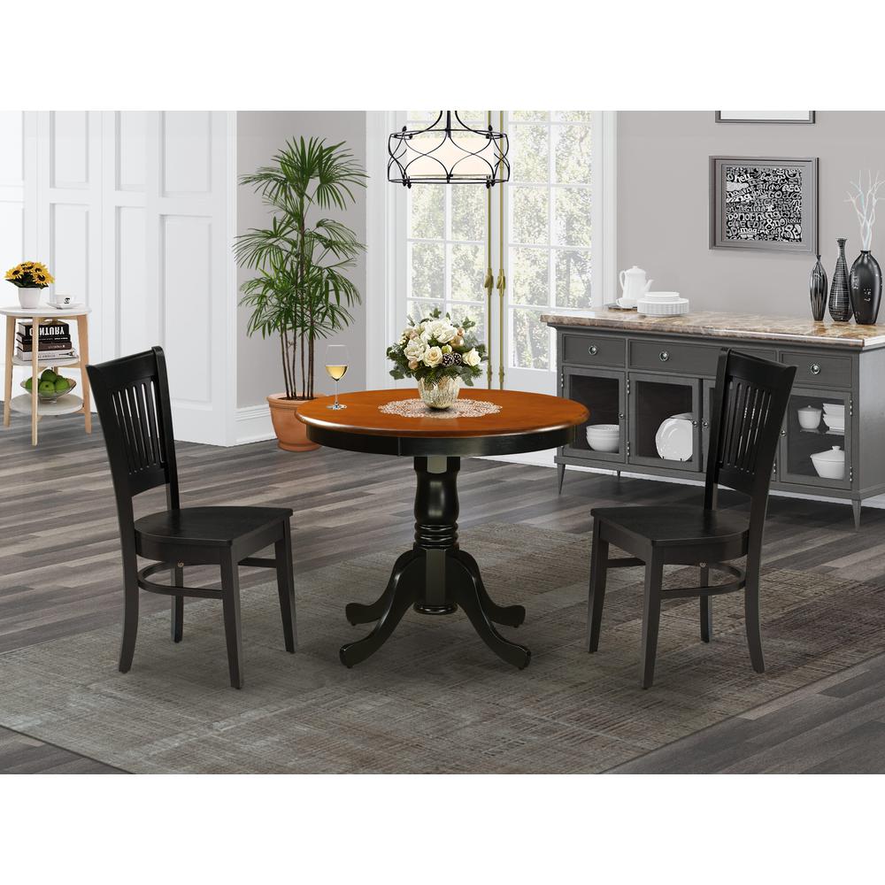 East West Furniture 3-Piece Dining Room Set- 2 Kitchen Chair and Modern dining room table - Wooden Seat and Slatted Chair Back (Black Finish). Picture 2
