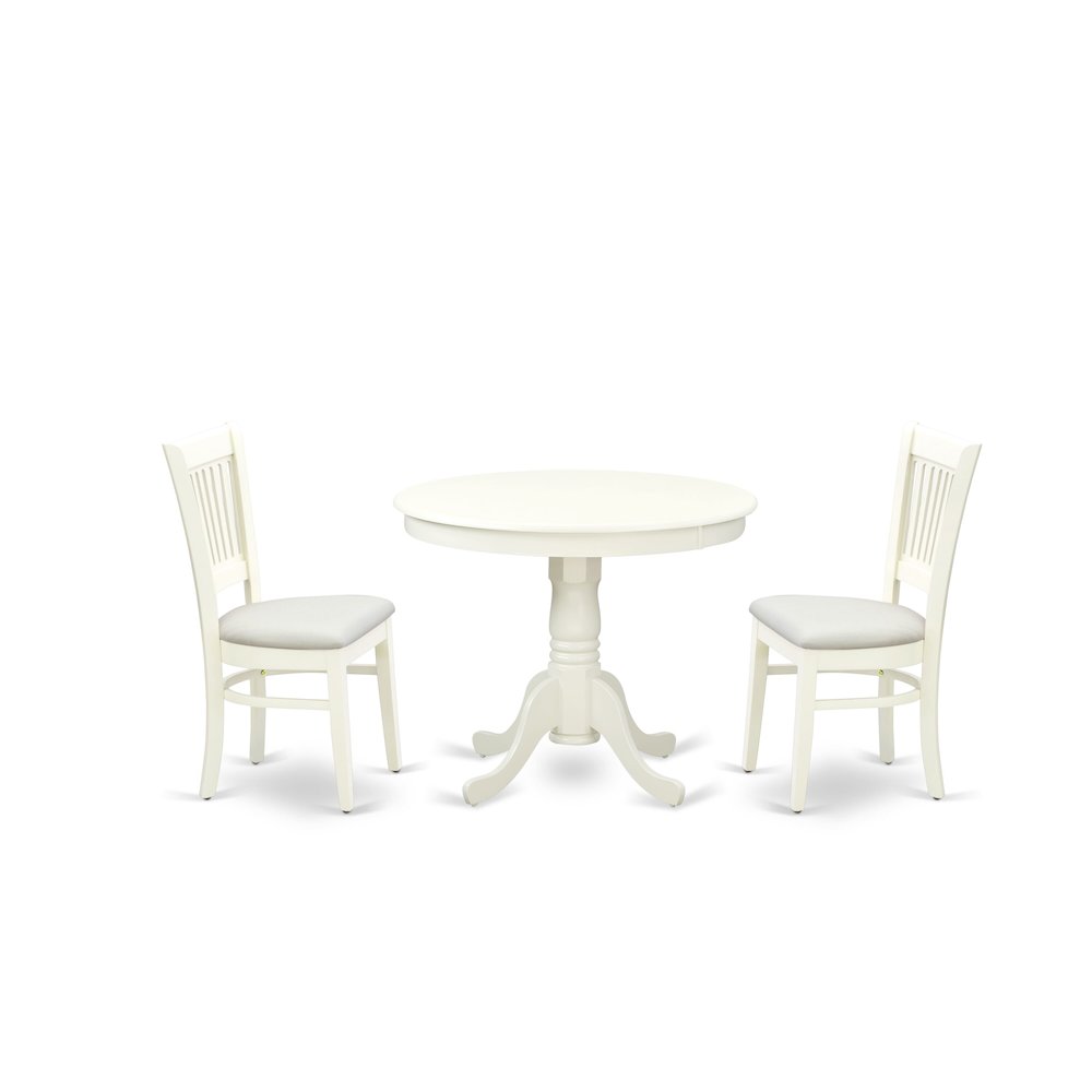 ANVA3-LWH-C - 3-Pc Dining Room Table Set- 2 Wooden Chairs and Round Dining Table - Linen Fabric Seat and Slatted Chair Back (Linen White Finish). Picture 1