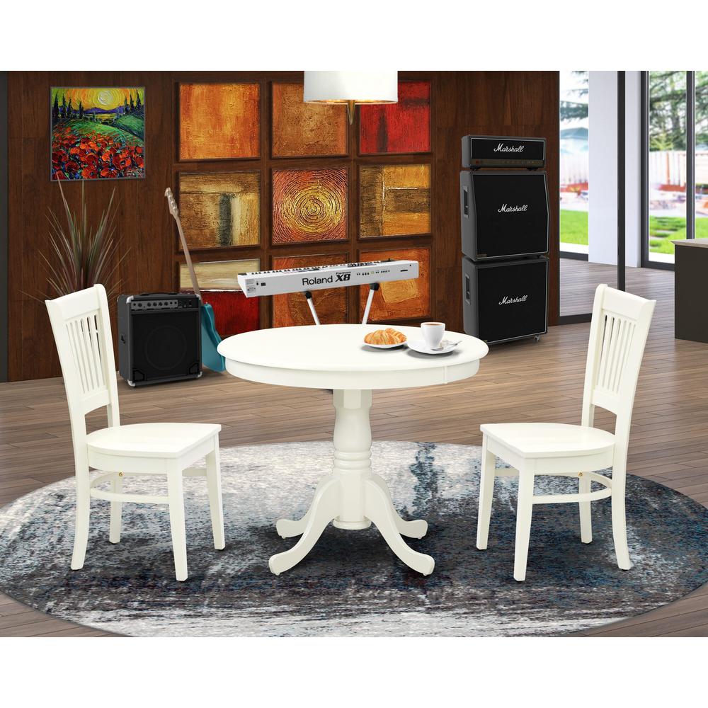ANVA3-LWH-W - 3-Pc Kitchen Dining Table Set- 2 Modern dining room chairs and Dining Room Table - Wooden Seat and Slatted Chair Back (Linen White Finish). Picture 6
