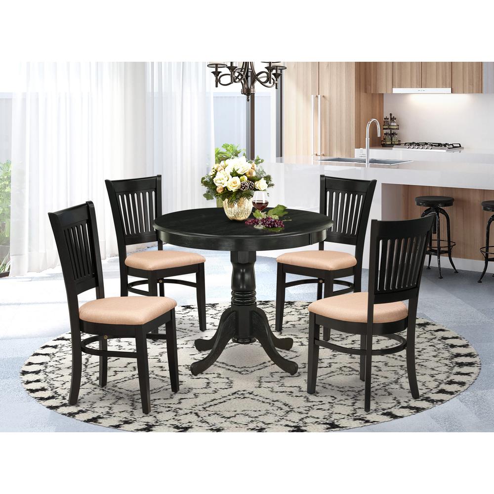 East West Furniture 5-Pc Dinette Room Set- 4 Wooden Chair and Modern dining room table - Linen Fabric Seat and Slatted Chair Back (Black Finish). Picture 2