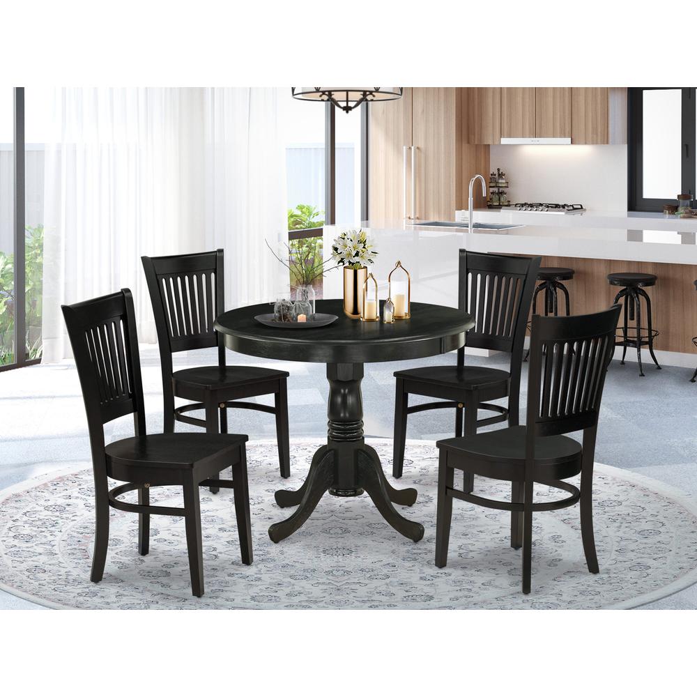 East West Furniture 5-Pc Dining Room Table Set- 4 dining room chairs and Dining Room Table - Wooden Seat and Slatted Chair Back (Black Finish). Picture 2