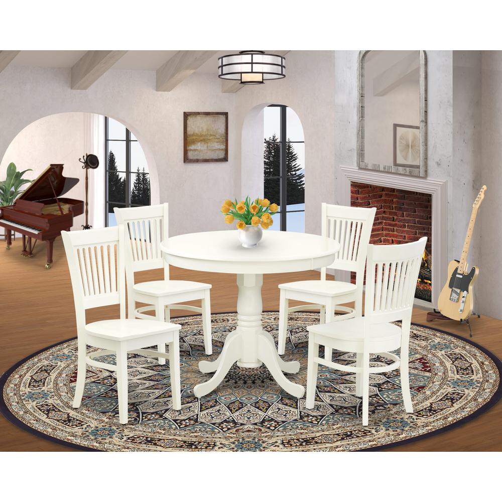 ANVA5-LWH-W - 5-Piece Kitchen Dining Set- 4 Wooden Chairs and Dining Room Table - Wooden Seat and Slatted Chair Back (Linen White Finish). Picture 2