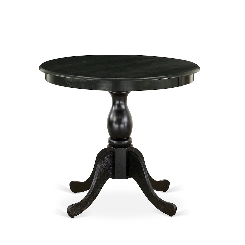 East West Furniture Round Kitchen Table - Black Table Top and Black Pedestal Leg Finish. Picture 1