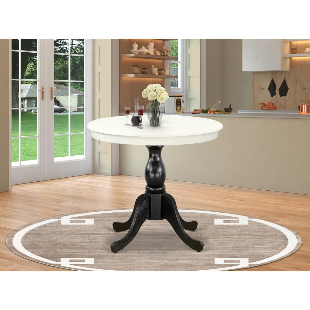 East West Furniture Modern Dining Table - Linen White Table Top and Black Pedestal Leg Finish. Picture 2