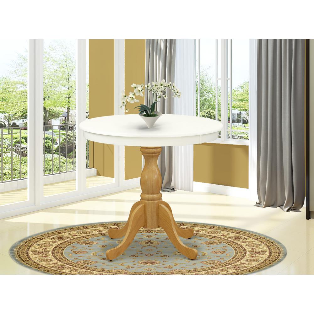 East West Furniture Wood Dining Table - Linen White Table Top and Oak Pedestal Leg Finish. Picture 2