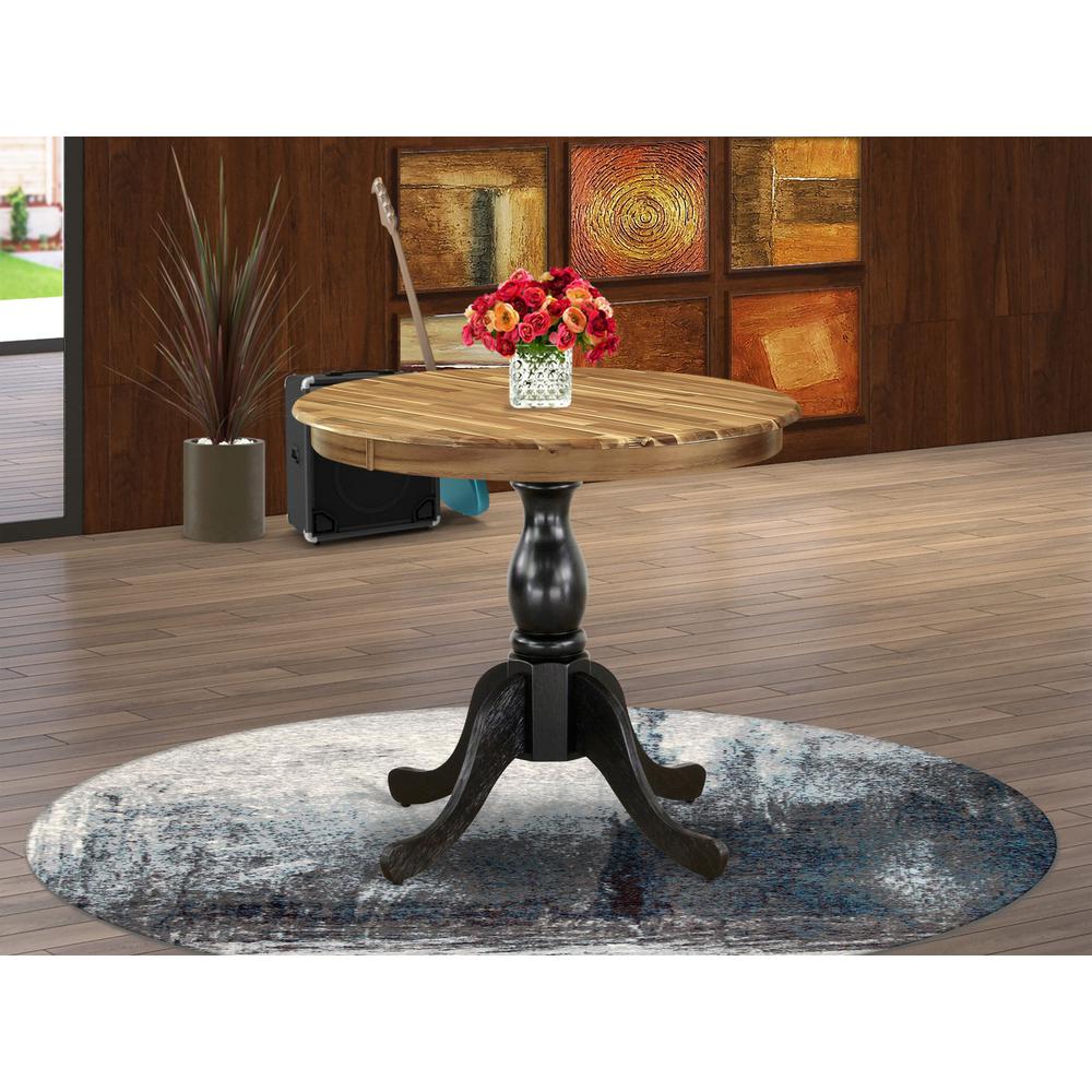 East West Furniture Round Dining Table - Natural Table Top and Black Pedestal Leg Finish. Picture 2