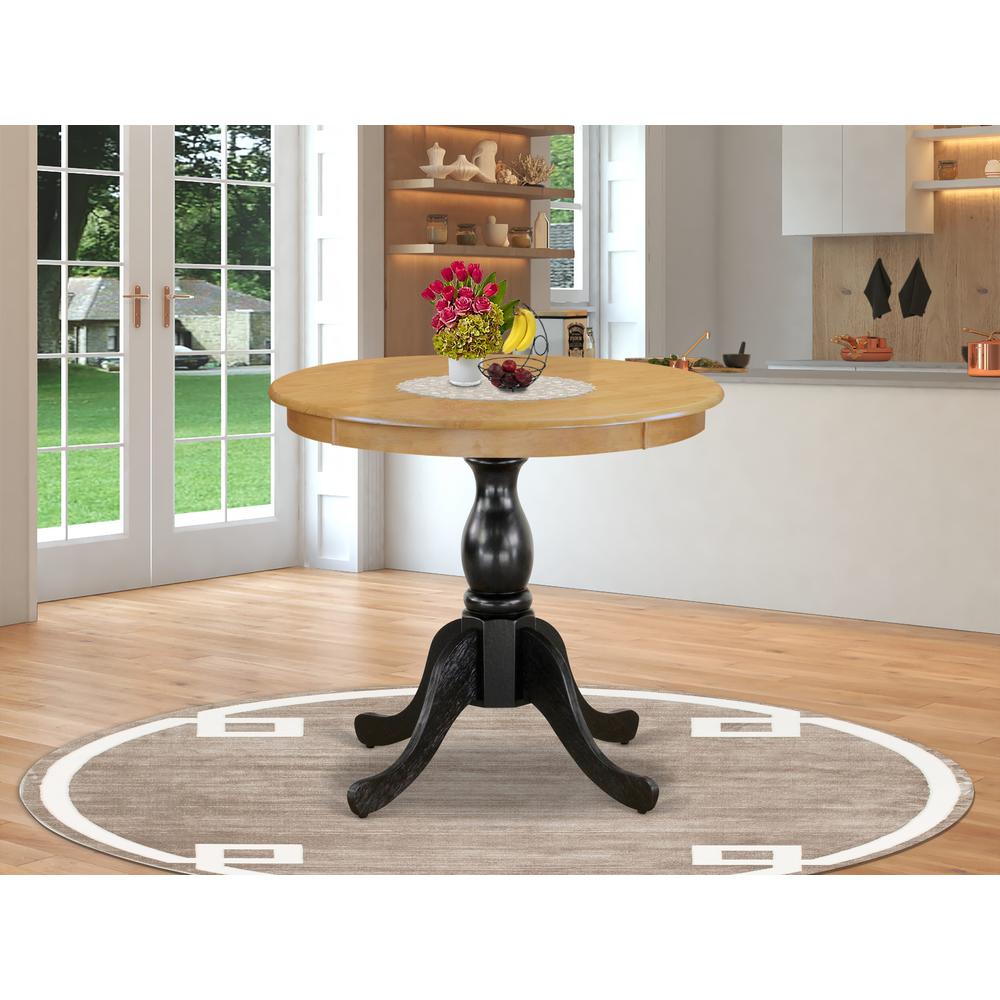 East West Furniture Mid Century Dining Table - Oak Table Top and Black Pedestal Leg Finish. Picture 2