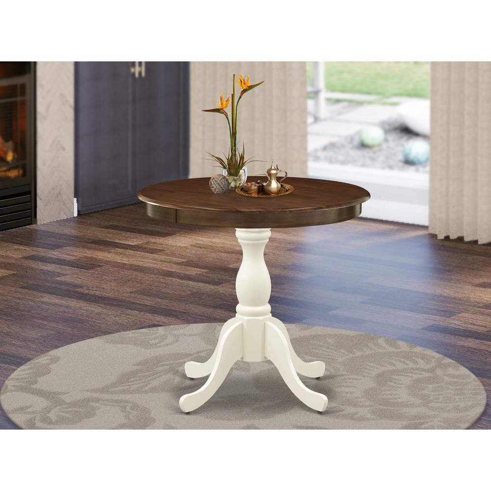 East West Furniture Dinning Table - Walnut Table Top and Linen White Pedestal Leg Finish. Picture 2