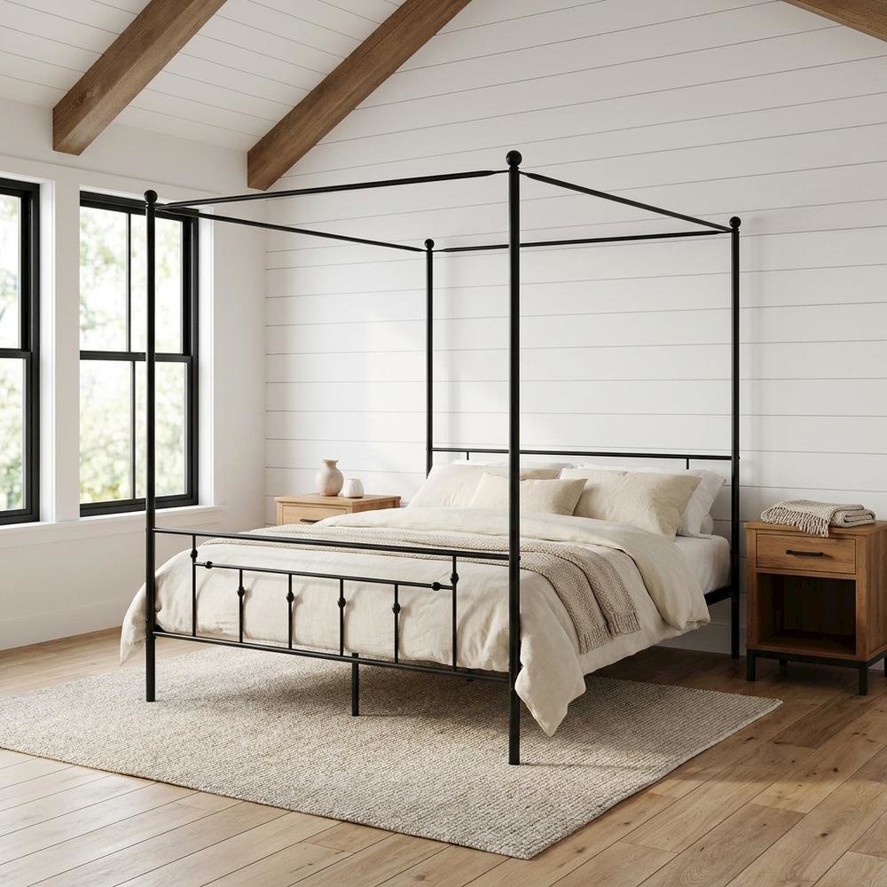 Solid Wood Canopy Bed with Metal Frame, Full Size Canopy Bed Frame. Picture 2