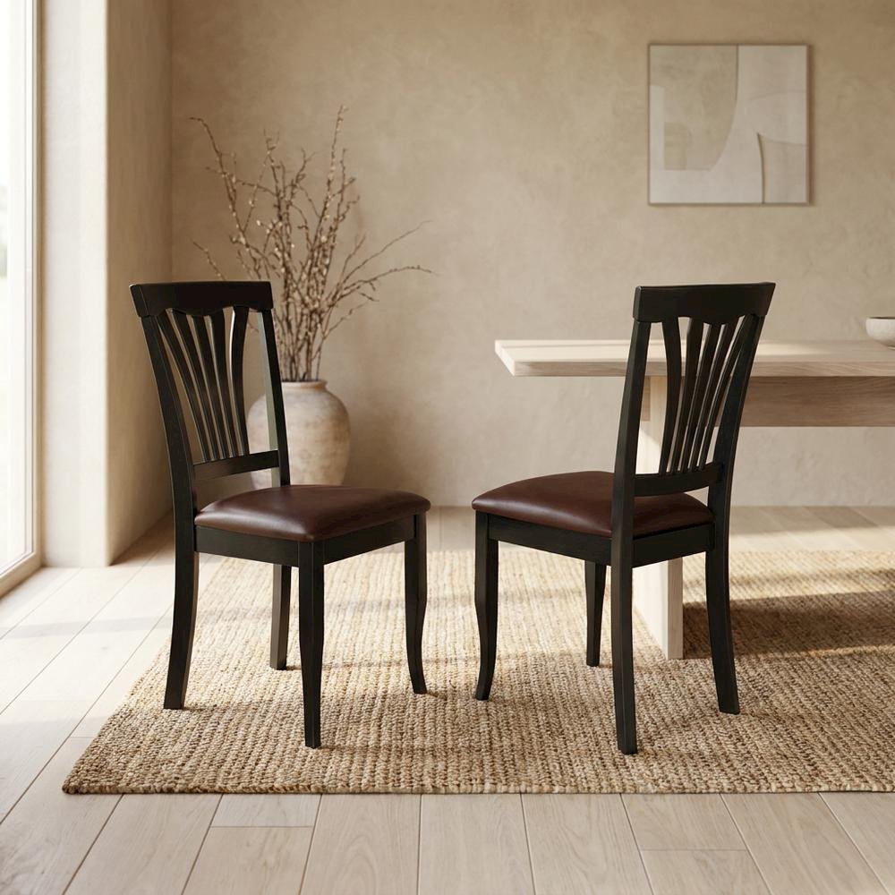 Solid Wood Traditional Dining Chair with Faux Leather Seat, Black, Set of 2. Picture 3