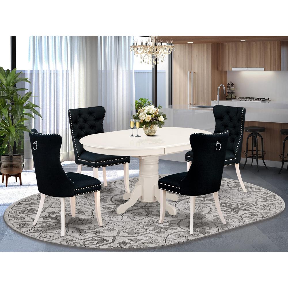 East West Furniture Avon 5 Piece Kitchen Set Consists of an Oval Dining Table with Butterfly Leaf and 4 Upholstered Chairs, 42x60 Inch, Linen White. Picture 2
