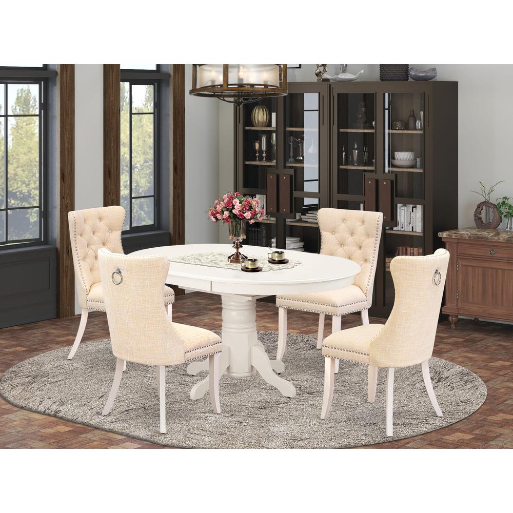 East West Furniture AVDA5-LWH-32 5 Piece Kitchen Set Includes an Oval Dining Table with Butterfly Leaf and 4 Upholstered Chairs, 60x42 Inch, Linen White. Picture 2