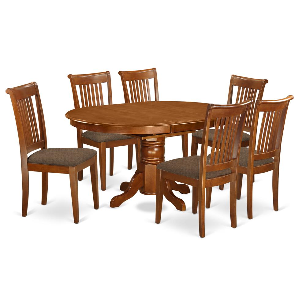 AVPO7-SBR-C 7 Pc set Avon Kitchen Table with Leaf and 6Fabric Dinette Chairs in Saddle Brown. Picture 1