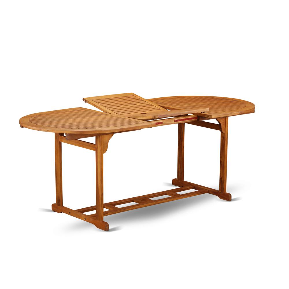 East West Furniture BSDK5CWNA 5-Pc Outdoor Table Set- 4 Patio Dining Chairs Slatted Back and Outdoor Table and Round Top with Wooden legs - Natural Oil Finish. Picture 2