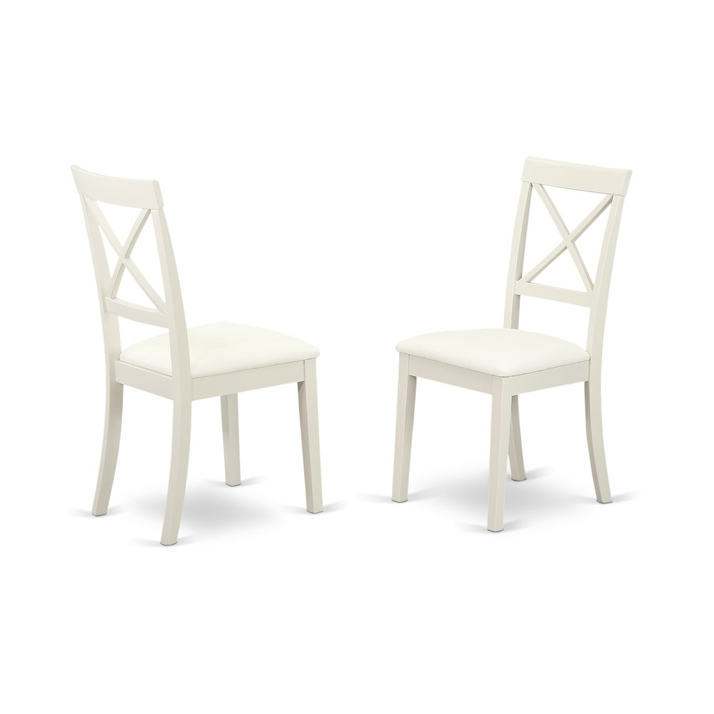 East West Furniture DMBO3-LWH-C 3 Piece Dinning Room Table Set Consists of 1 Drop Leaves Modern Dining Table and 2 Linen White Faux Leather Kitchen Chairs with X-Back - Linen White Finish. Picture 3