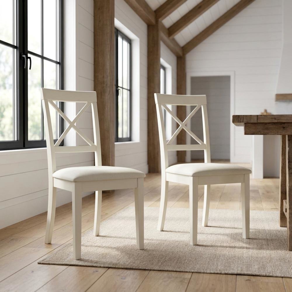 Linen-Upholstered Dining Chair with Solid Wood Legs for Dining Room, Linen White, Set of 2. Picture 3