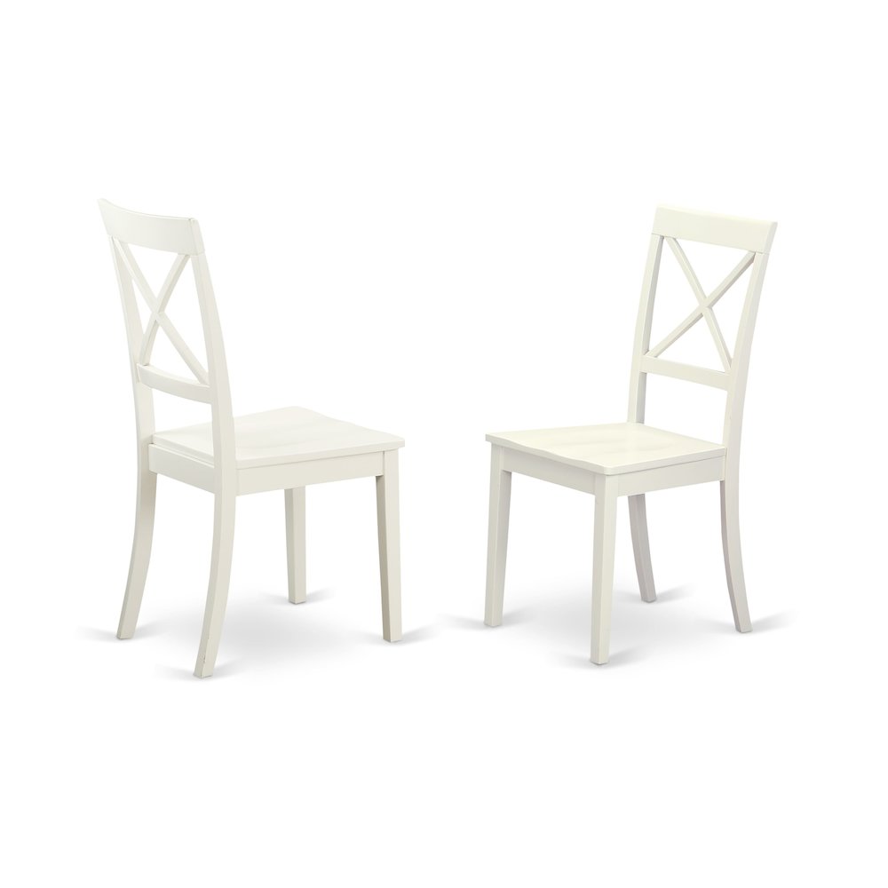 East West Furniture DMBO3-LWH-W 3 Piece Dinning Room Table Set Consists of 1 Drop Leaves Dining Room Table and 2 Linen White Wood Chair with X-Back - Linen White Finish. Picture 3