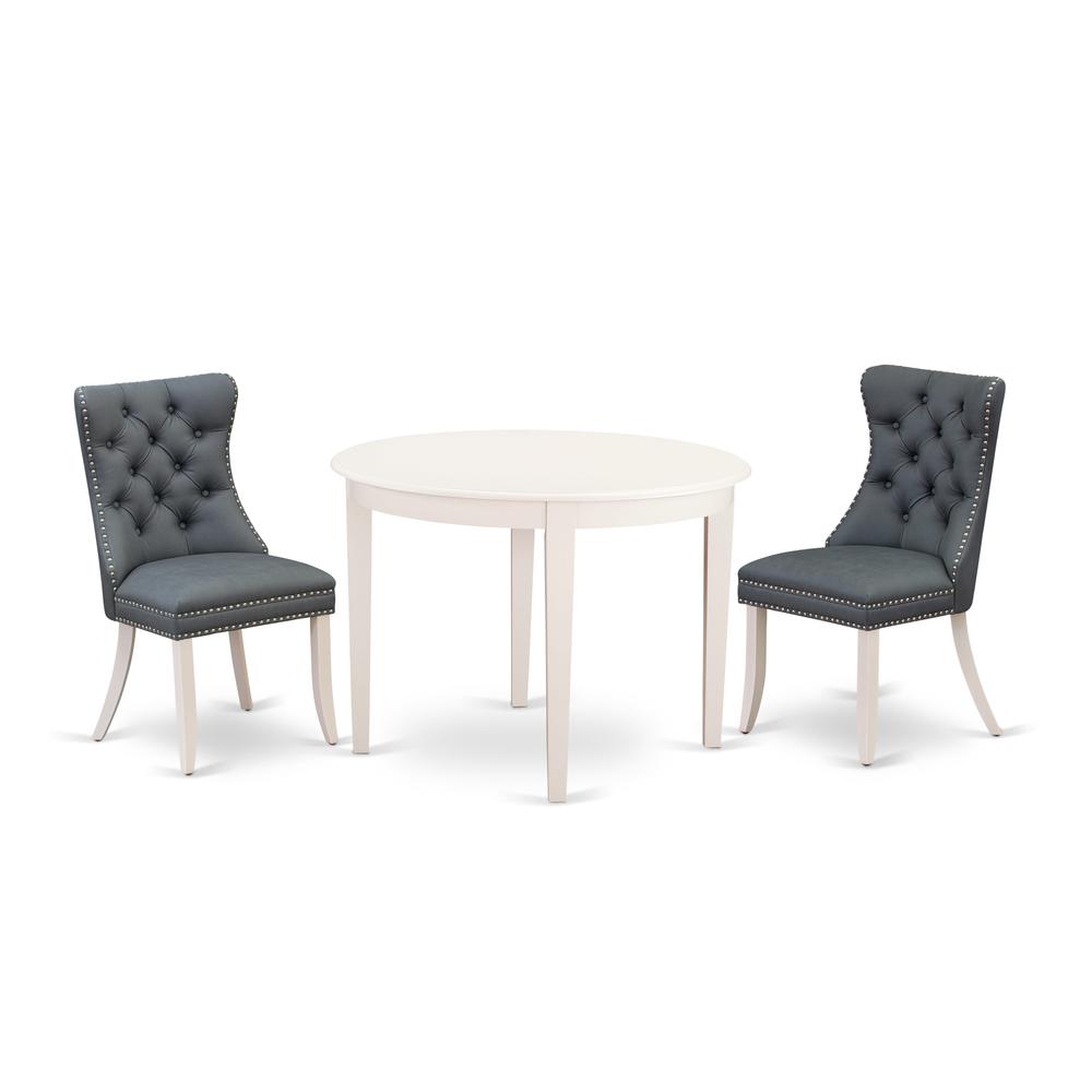 East West Furniture Boston 3 Piece Room Set Includes a Round Dining Table and 2 Upholstered Parson Chairs, 42x42 Inch, Linen White. Picture 1