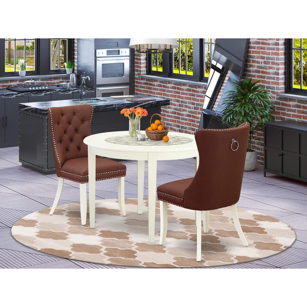 East West Furniture Boston 3 Piece Dining Room Set Contains a Round Kitchen Table and 2 Upholstered Parson Chairs, 42x42 Inch, Linen White. Picture 2
