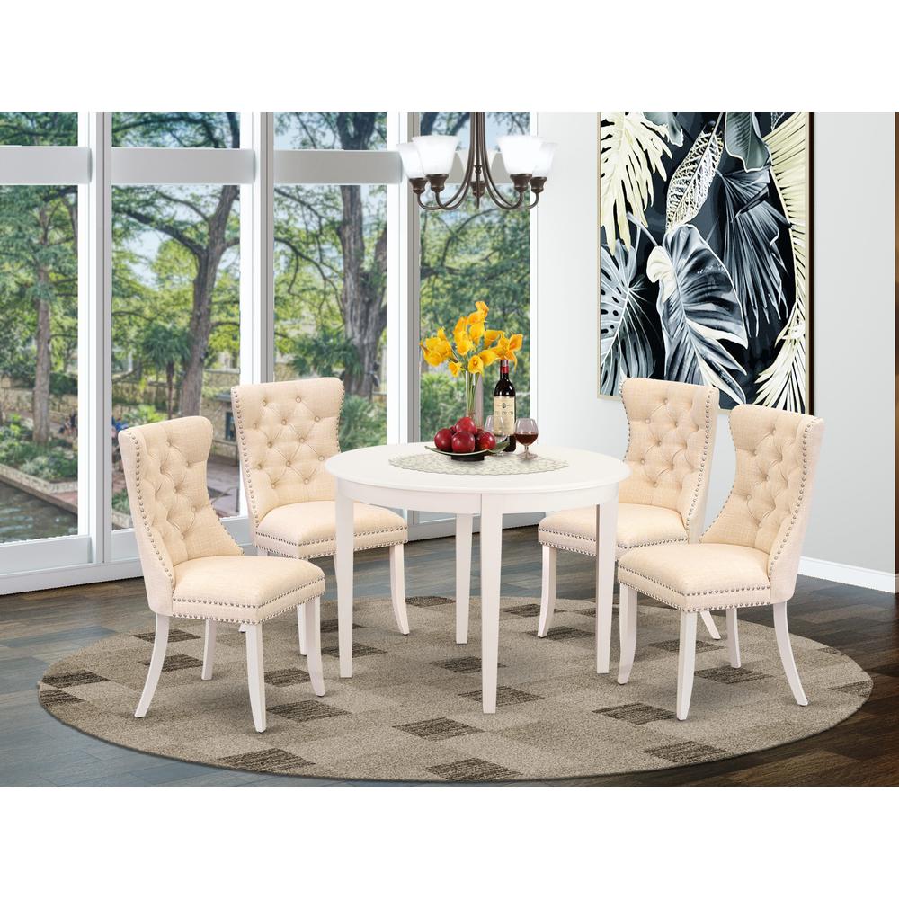 East West Furniture BODA5-WHI-32 5 Piece Kitchen Table Set Contains a Round Dining Table and 4 Upholstered Chairs, Linen White. Picture 2