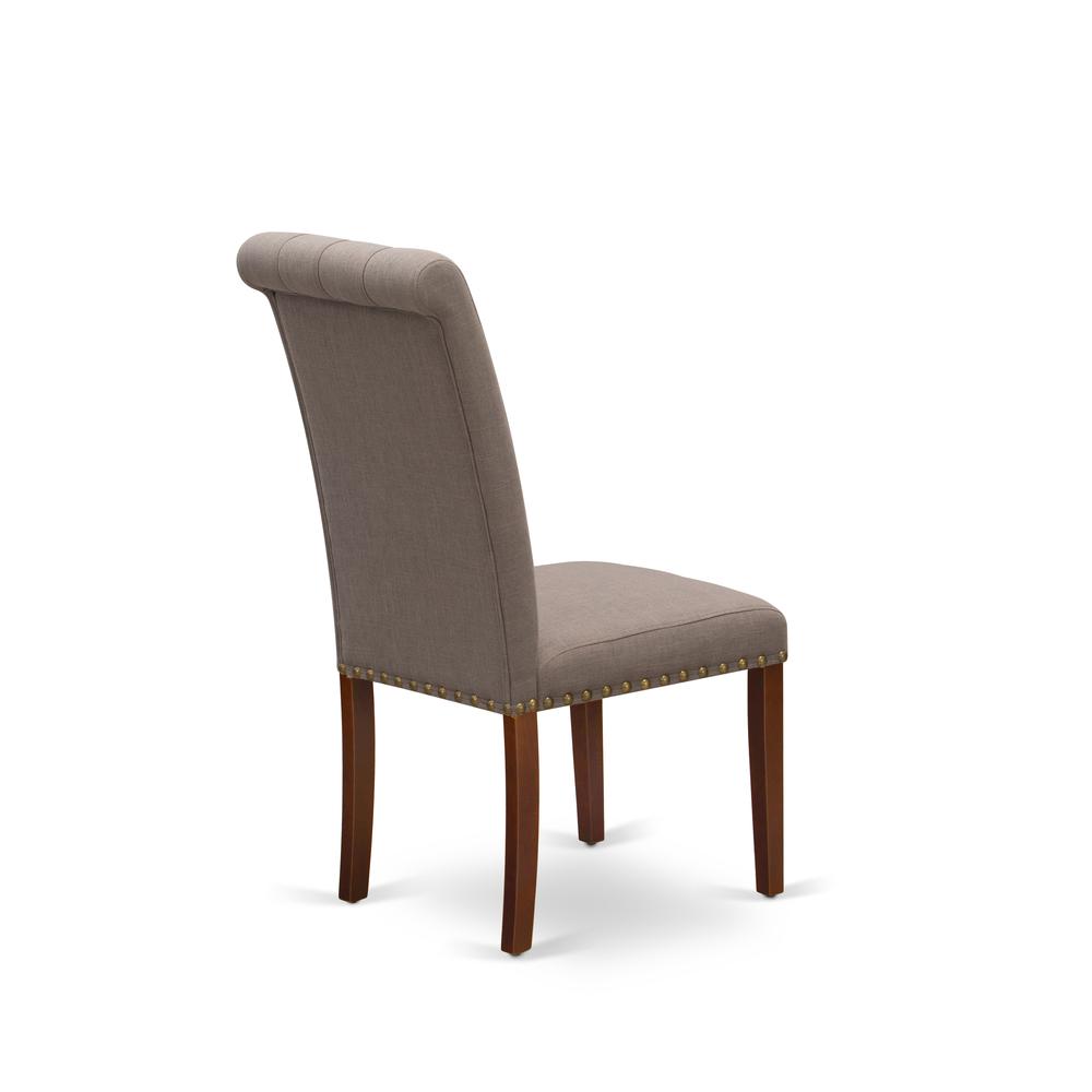 East West Furniture BRP3T18 Bremond Dining Chairs - Dark Coffee Color Linen Fabric, Wooden Mahogany Finish Legs Modern Dining Room Chairs - Set of 2 - Set of 2. Picture 4