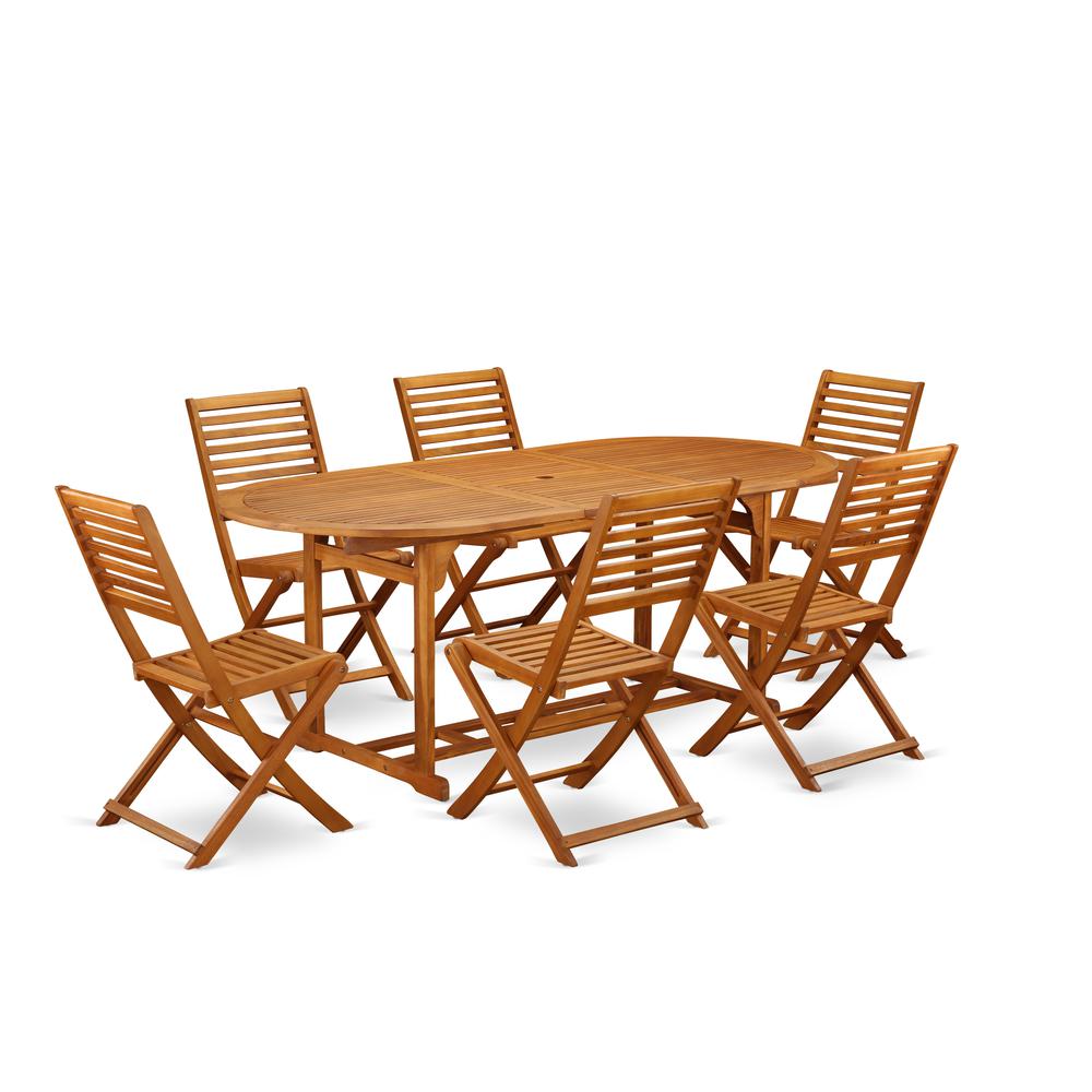 7 Piece Outdoor Patio Dining Set, Oval Acacia Wood Table and 6 Folding Side Chairs. Picture 1