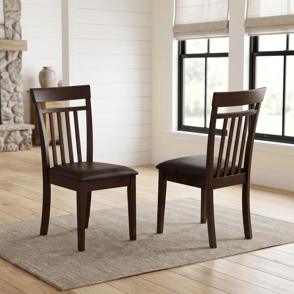 Solid Wood Slat-Back Dining Chairs with Faux Leather Seat, Mahogany, Set of 2. Picture 3